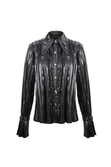 Black Metal Buckles Cuff Bright Pleated Pointed Collar Leather Loops Women's Punk Blouse - Product - 7
