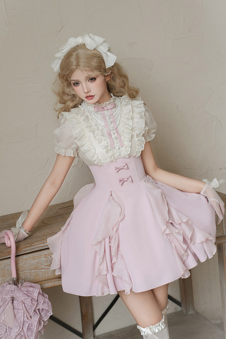 Pink/Apricot [Miss Lola] Stand Collar Short Sleeves Ruffle Bowknot Sweet Lolita Dress - Product - 7