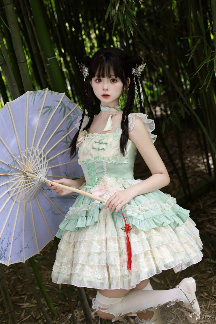 Ancient Poetry Print Multi-layer Ruffle Bowknot Lace Sweet Chinese Style Lolita Tiered Dress 2 Colors - Product - 5