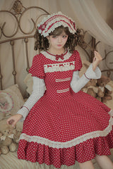 Red [Showa Memoir] Polka Dots Printed Ruffled Bow Sweet Lolita Dress - Product - 25