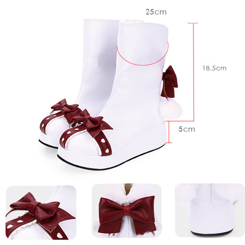 White Round Toe Bowknot Plus Velvet Sweet Lolita Boots - Product - 6