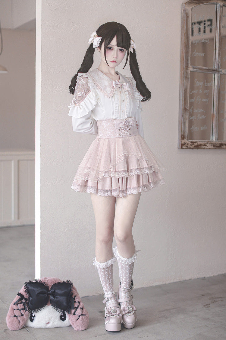 White/Pink [Dreamy Love Ballad] Lapel Collar Long Sleeves Double-Layered Ruffled Cut-Out Bow Gothic Japanese Jirai Kei Skirt Set - Product - 8