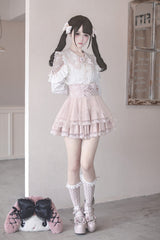White/Pink [Dreamy Love Ballad] Lapel Collar Long Sleeves Double-Layered Ruffled Cut-Out Bow Gothic Japanese Jirai Kei Skirt Set - Product - 8