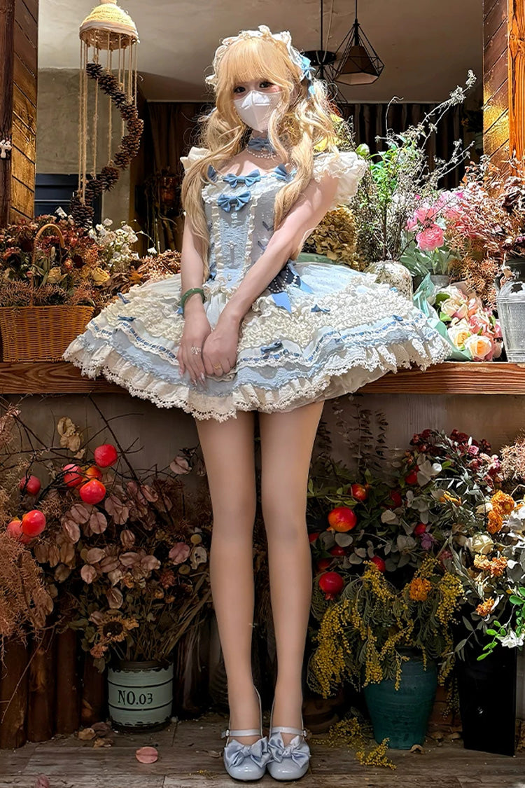 [Wind Chime Poem] Square Collar Flutter Sleeves Triple-Layered Printed Ruffled Bow Sweet Lolita Jsk Dress 4 Colors (Blue, Pink, Purple, Green) - Product - 18