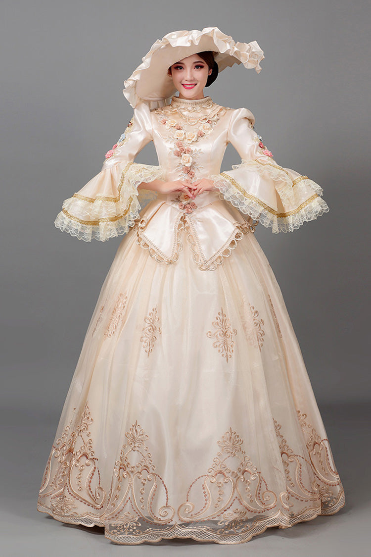 Champagne Court Style High Waisted Long Sleeves Floral Decorative Print Victorian Lolita Prom Dress - Champagne - 1