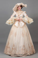 Champagne Court Style High Waisted Long Sleeves Floral Decorative Print Victorian Lolita Prom Dress - Champagne - 1