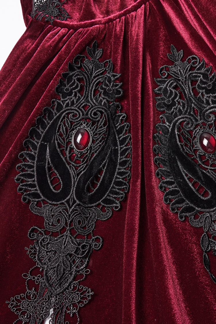 Red Floral Embroidery Diamante Velvet Hooded Women's Gothic Cloak - Product - 5