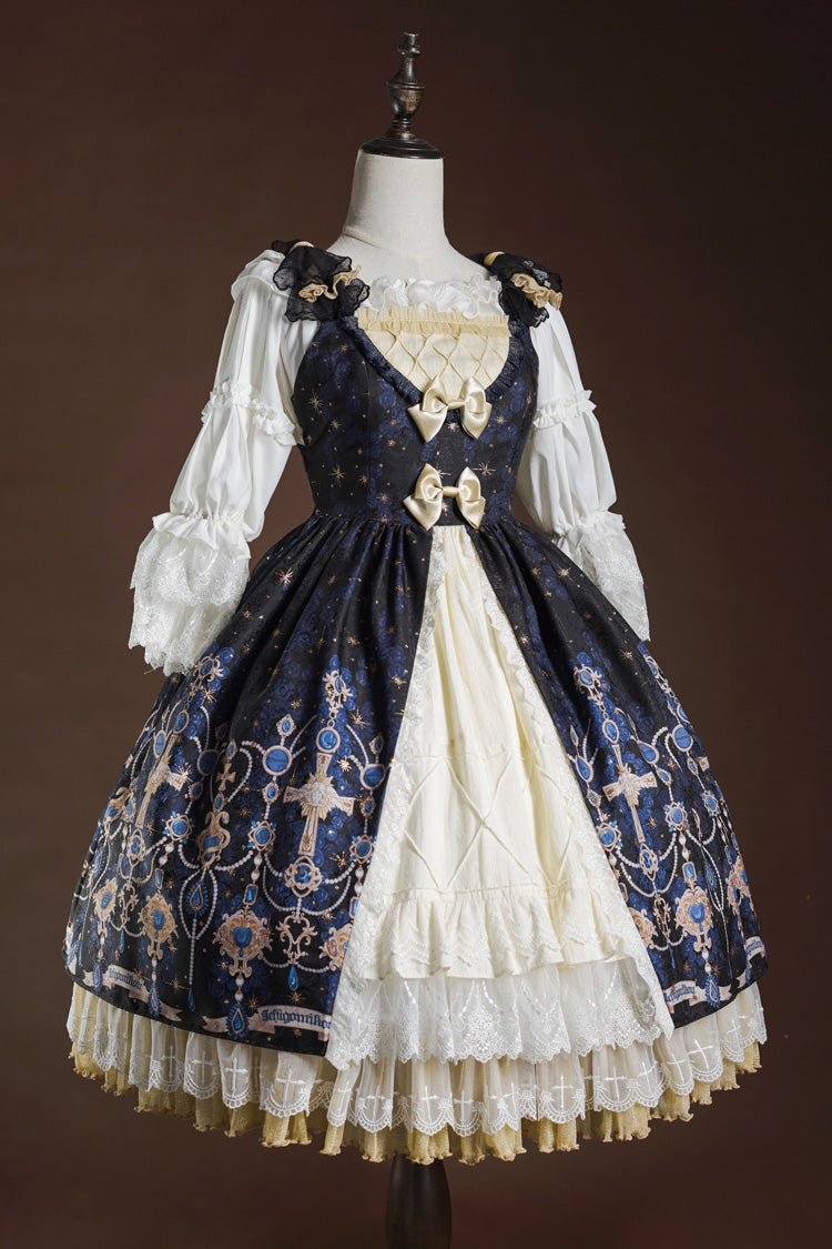 Blue/White [Stone of Eden] Triple-Layered Print Ruffle Hot Stamping Cardigan Bowknot Lace Elegant Sweet Lolita Jsk Dress - Product - 3