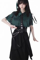 Green/Black [Moonlight Flowing] Long/Short Sleeves Ruffled Asymmetric Gothic Jirai Kei Skirt Set - Product - 8
