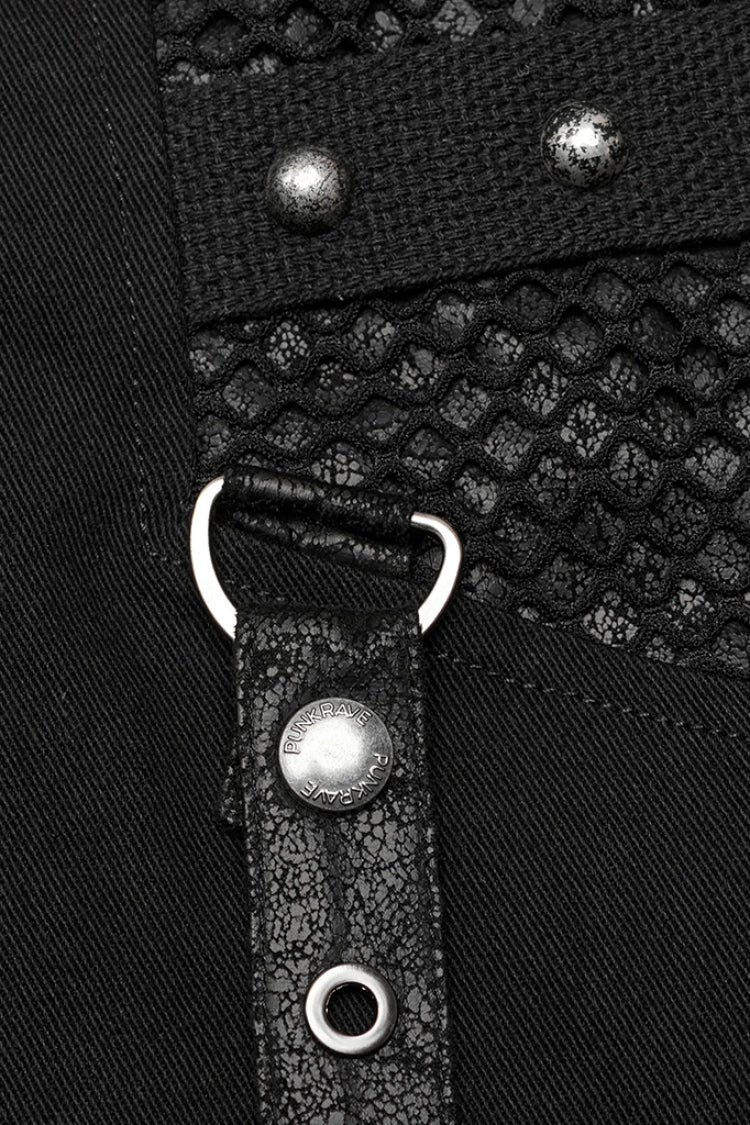 Cracked Leather Stitching Metal Rivet Decoration Mesh Men's Steampunk Pants 2 Colors - Product - 6
