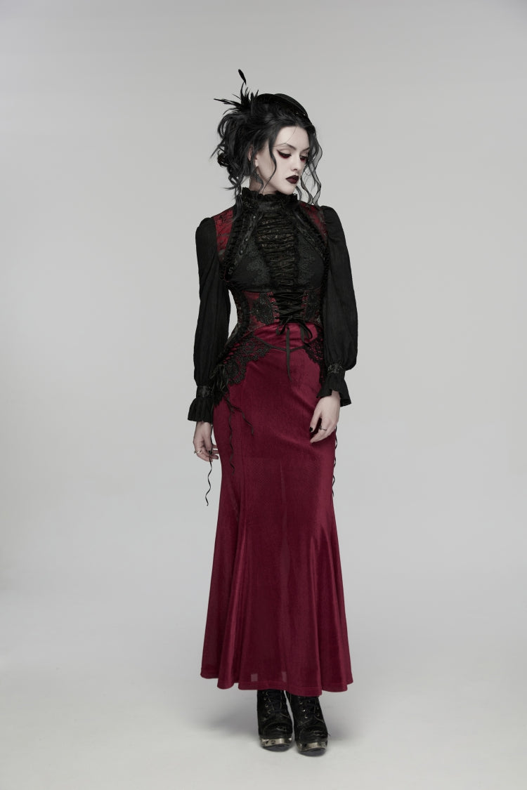 Black/Red Jacquard Embroidered Lace Lace-Up Slim Women's Gothic Vest - Product - 4