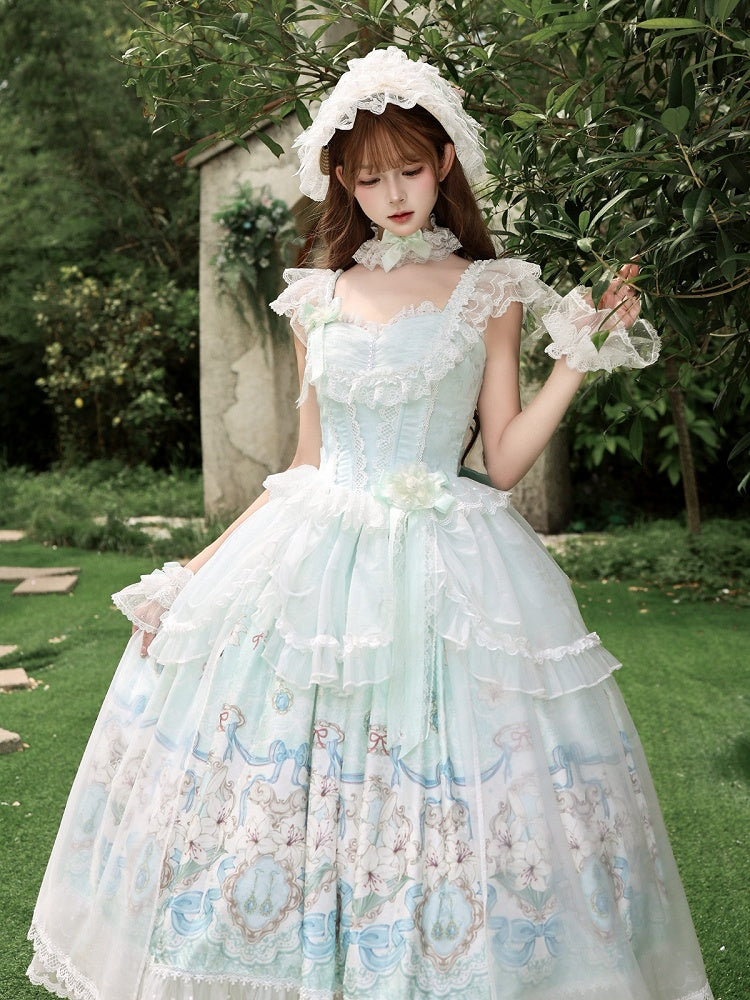 Mint green lily print Lolita JSK detail