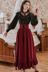 Wine Vintage Palace Style Ruffled Stripe Print High Waisted Classic Lolita Dress Skirt - Product - 2