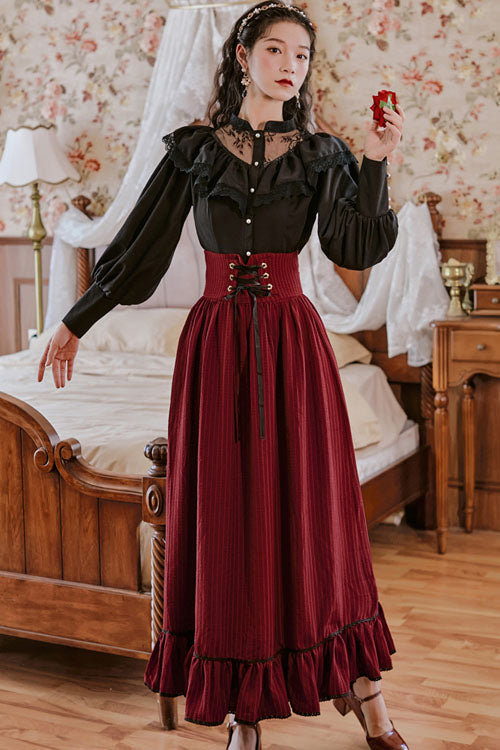 Wine Vintage Palace Style Ruffled Stripe Print High Waisted Classic Lolita Dress Skirt - Product - 2