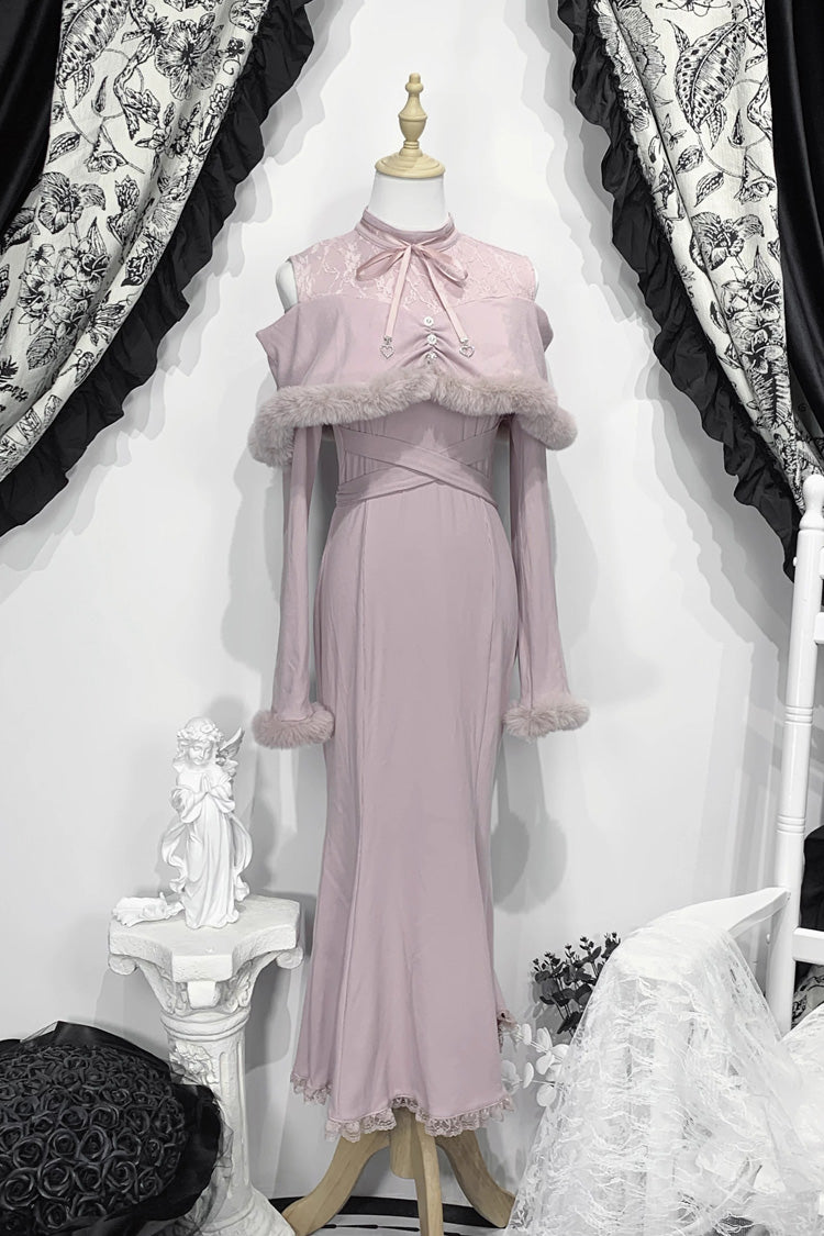 Jirai Kei Stand Collar Off Shoulder Long Sleeves Embroidered Lace Sweet Japanese Fishtail Dress 2 Colors - Pink - 2