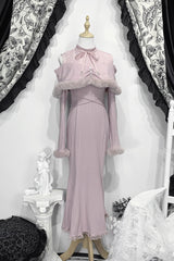 Jirai Kei Stand Collar Off Shoulder Long Sleeves Embroidered Lace Sweet Japanese Fishtail Dress 2 Colors - Pink - 2