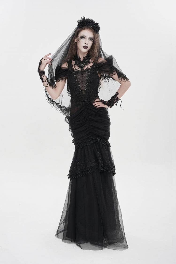 Black Off Shoulder Ruffled Cut-Out Lace Pleated Women's Gothic Dress - Black - 1