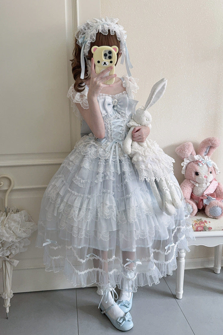 Blue [Eternal Vow] Sleeveless Multi-Layered Ruffle Hanayome Bowknot Lace Lace-Up Sweet Lolita Jsk Dress - Product - 2
