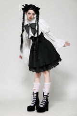Black/White Lace High Collar Asymmetric Long Trumpet Puff Sleeves Bowknot Women's Lolita Gothic Short Dress - Product - 11