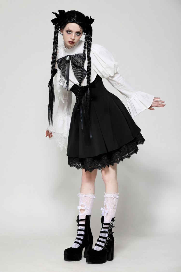 Black/White Lace High Collar Asymmetric Long Trumpet Puff Sleeves Bowknot Women's Lolita Gothic Short Dress - Product - 11