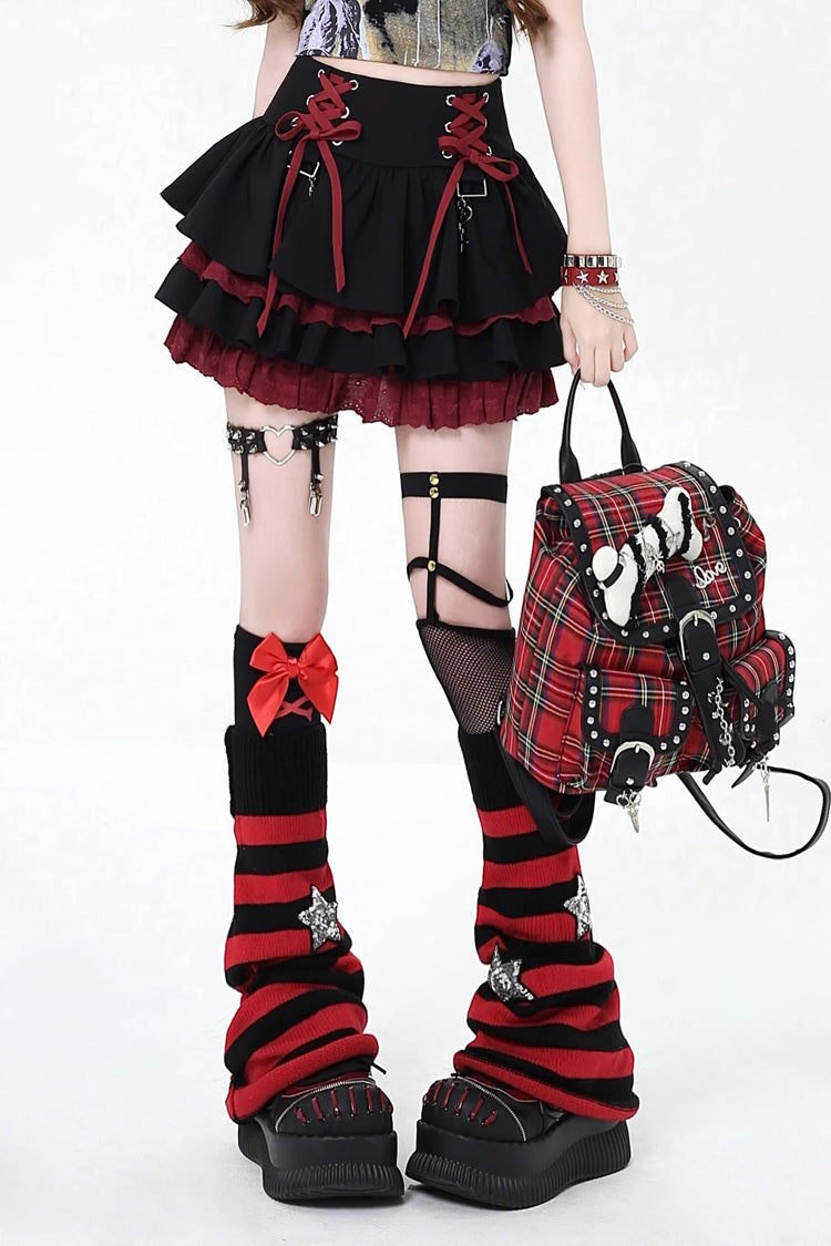 [Rebellious Period] Double-Layered Ruffle Lace-Up Gothic Japanese Lolita Skirt 3 Colors - Black/Red - 1