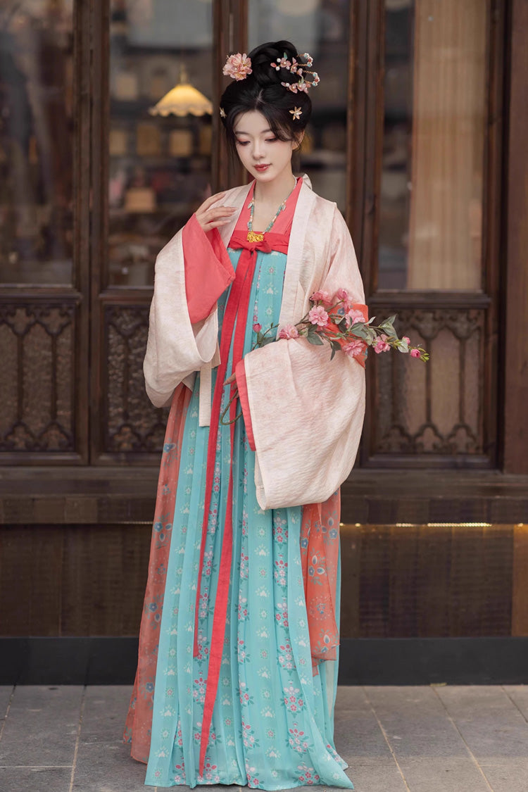 Green [Peach Blossoms and Spring] Long Sleeves Print Embroidery Classic Hanfu Dress - Green - 1