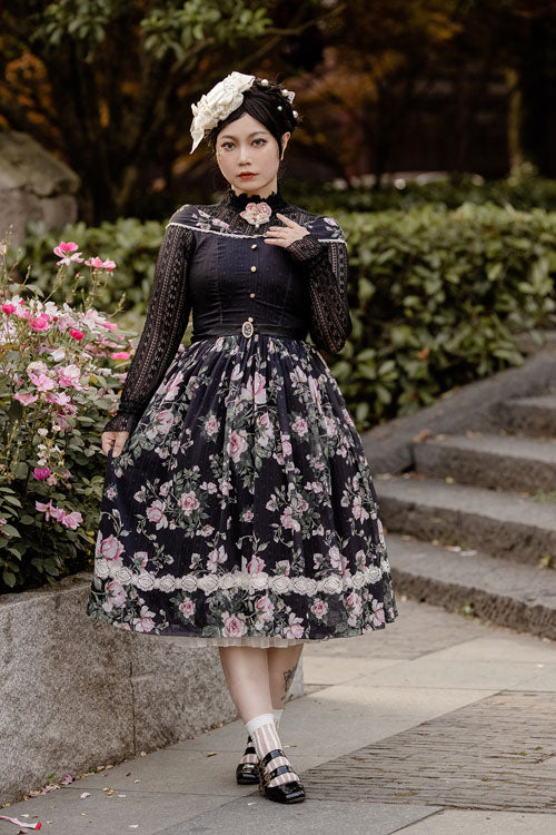Black Elegant Vintage French Rose Floral Print V Collar Sleeveless Ruffled Classic Lolita JSK Dress - Product - 6