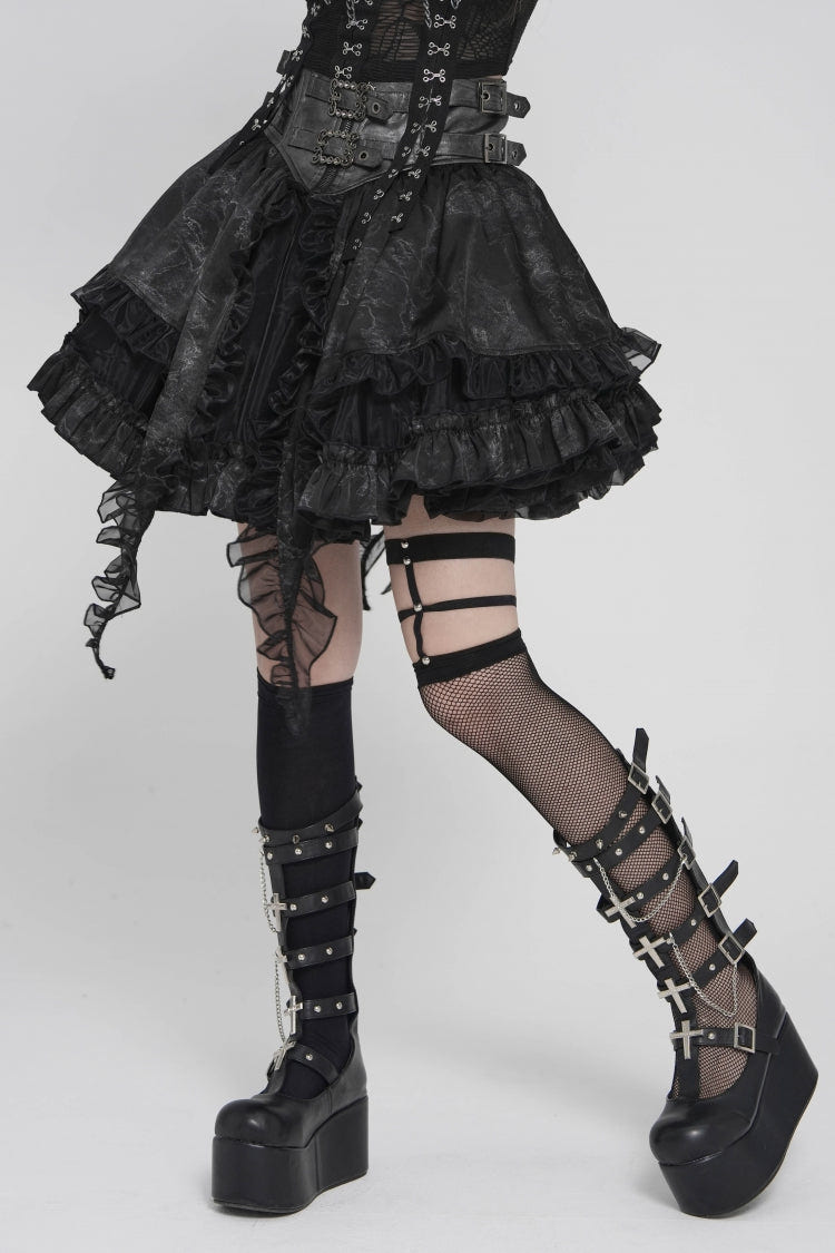Black Multi-Layered Printed Spliced Lace Lace-Up Buckled Pleated Eyelet Women's Gothic Skirt - Product - 9