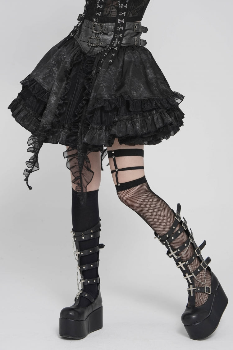 Black Multi-Layered Printed Spliced Lace Lace-Up Buckled Pleated Eyelet Women's Gothic Skirt - Product - 9