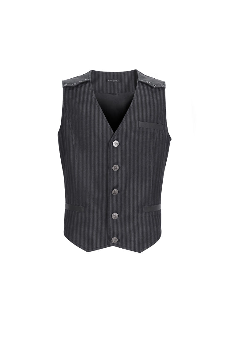 Black Striped V Collar Stitching Slim Men's Gothic Vest - Product - 4