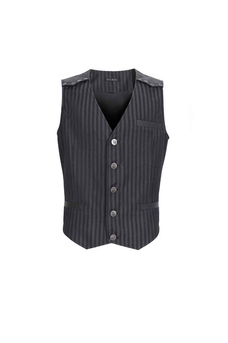Black Striped V Collar Stitching Slim Men's Gothic Vest - Product - 4