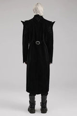 Black Stand Collar Jacquard Print Waist Cord Decoration Mens Gothic Mid Length Coat - Product - 4