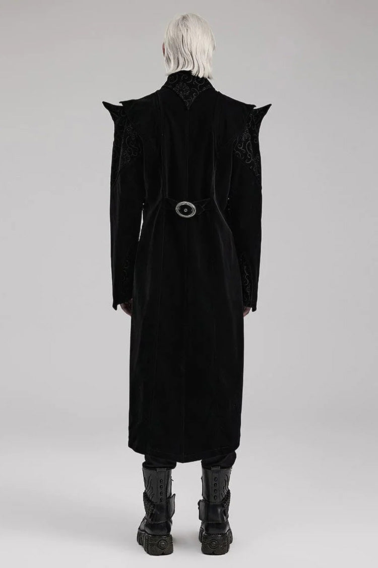 Black Stand Collar Jacquard Print Waist Cord Decoration Mens Gothic Mid Length Coat - Product - 4