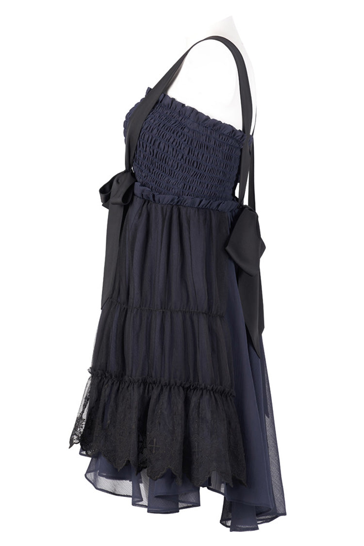 Blue Strap Big Bow Streamer Super Cool Stitching Lace Suspender Women's Gothic Dress - Product - 5