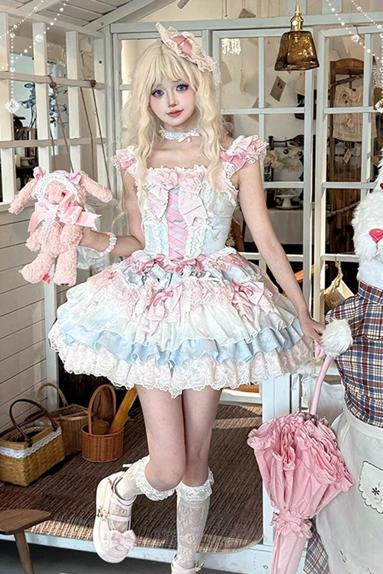 Blue/Pink [Honey Sweet Tart] Square Collar Sleeveless Multi-Layered Jacquard Ruffled Bow Lace Lace-Up Lolita Jsk Dress - Product - 8