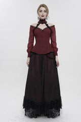 Red Lace Trim Panel Adjustable Back Long Sleeve Women's Gothic Shirt - Product - 3