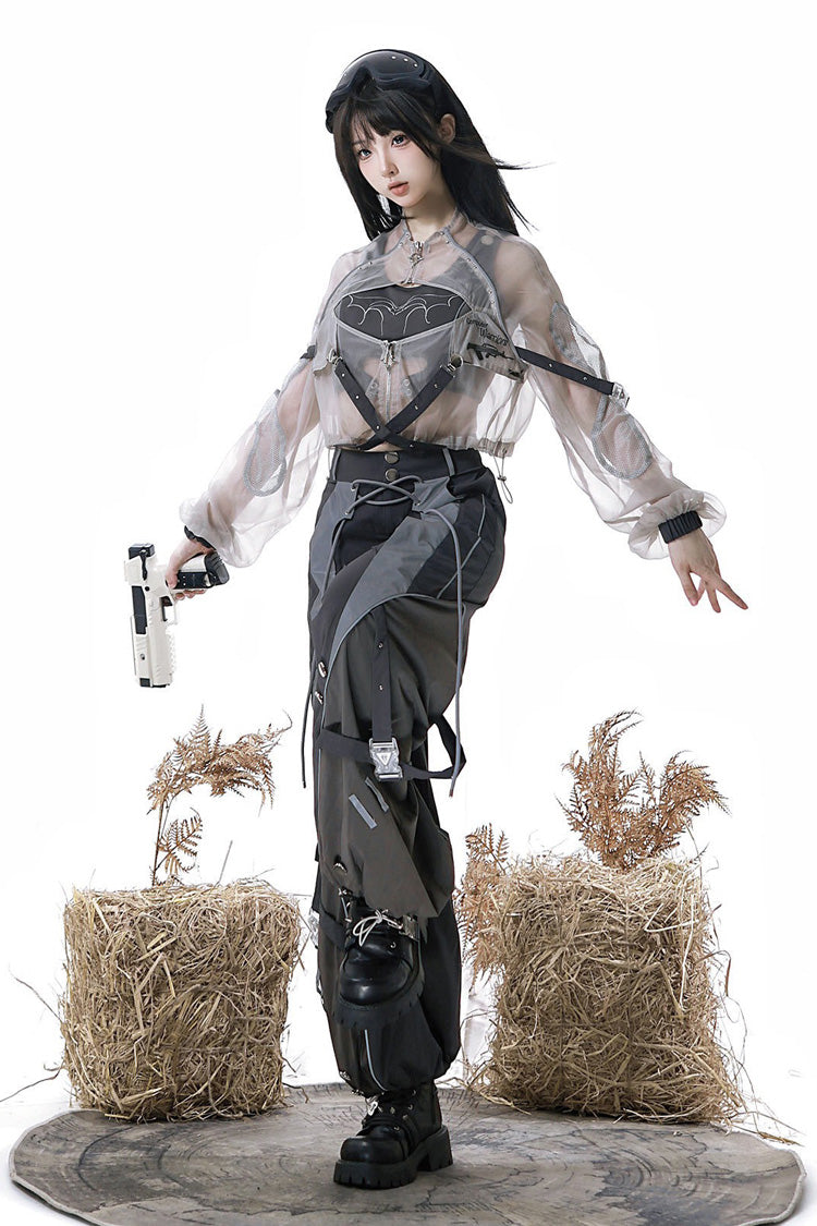 Black [Infinite Battlefield] Long Sleeves Printed Techwear Style Gothic Handsome Ouji Lolita Set - Product - 10