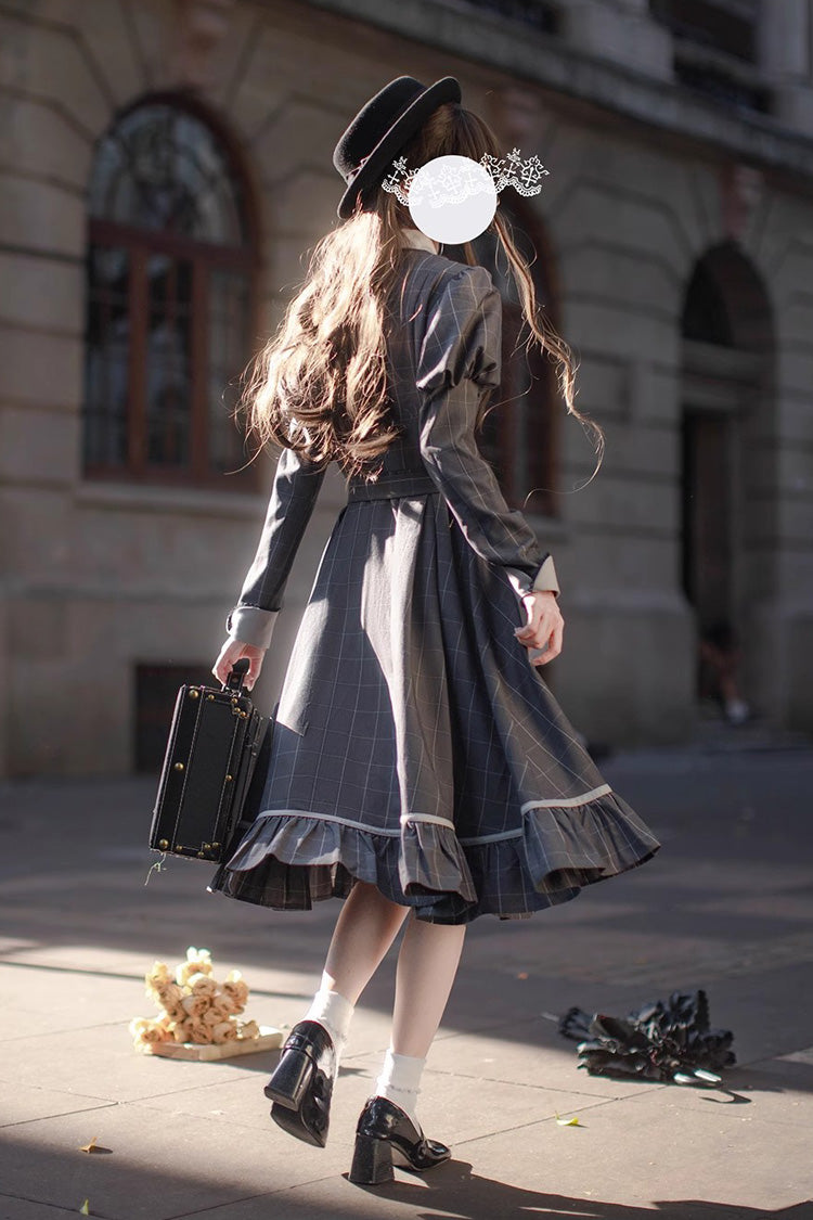 Grey Plaid Print Ruffle Bowknot Classic Vintage College Style Elegant Lolita Dress - Product - 6