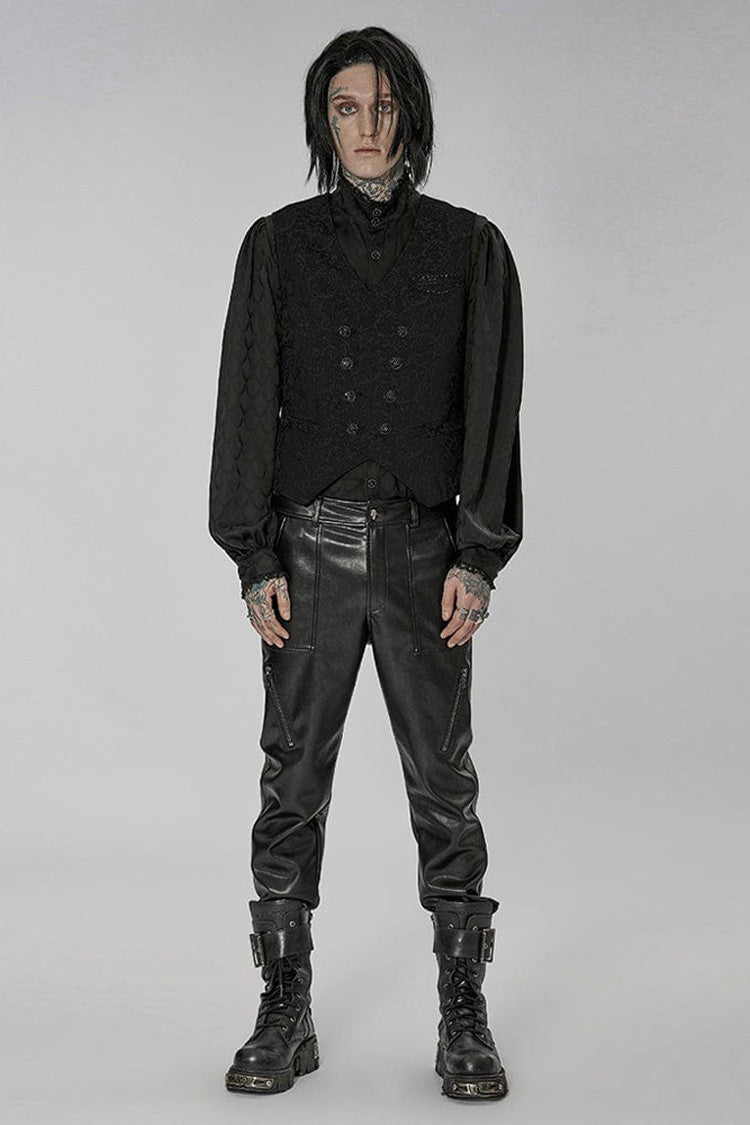 Black Punk Gorgeous V Neck Asymmetrical Relief Sculpture Jacquard Double Row Hand Seam Button Men's Vest - Product - 4