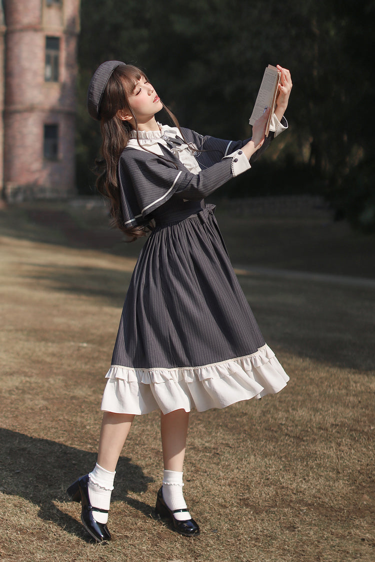 Dark Blue [Berlin Evening News] Long Sleeves Striped Print Ruffle Bowknot British College Style Elegant Sweet Lolita Dress - Product - 7