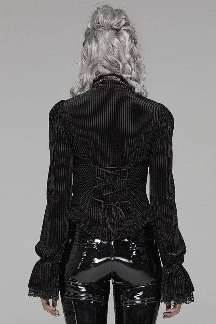 Striped Velvet Metal Retro Button Lace Cuff Back Waist Lace Up Women's Gothic Blouse - Product - 5