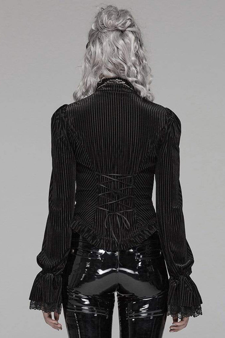Striped Velvet Metal Retro Button Lace Cuff Back Waist Lace Up Women's Gothic Blouse - Product - 5