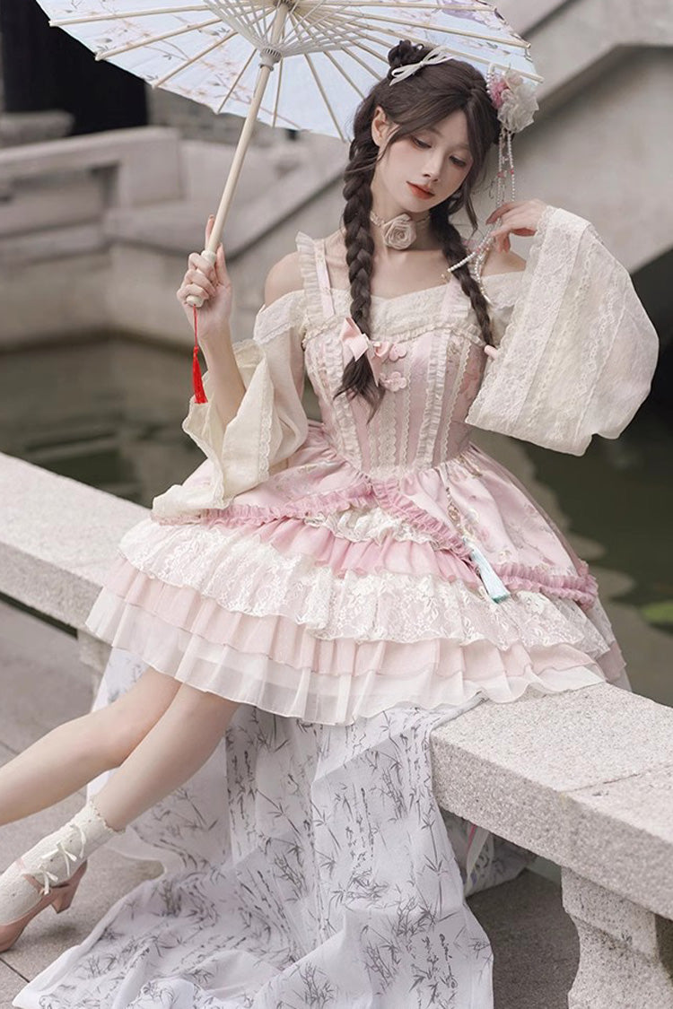 Pink Multi-Layered Ruffle Cardigan Lace Sweet Chinese Style Lolita Jsk Dress - Product - 3