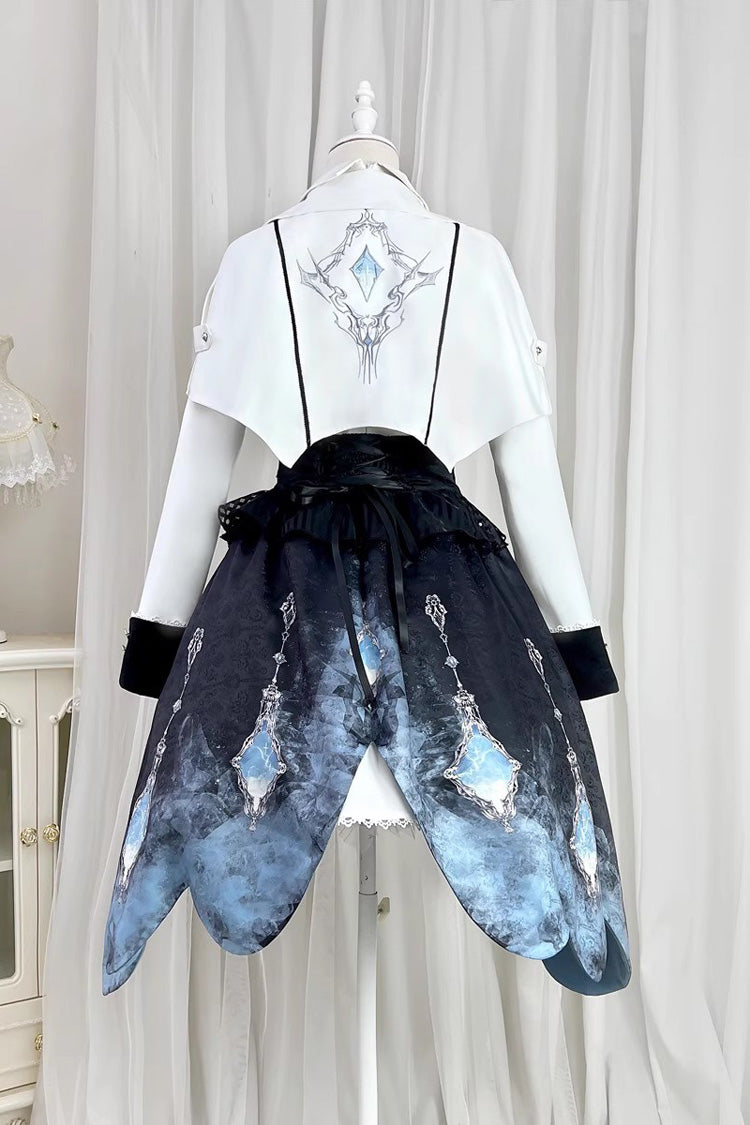 White/Blue Gradient Print Ruffle Cardigan Pearl Sweet College British Knight Style Handsome Lolita Dress Set - Product - 8