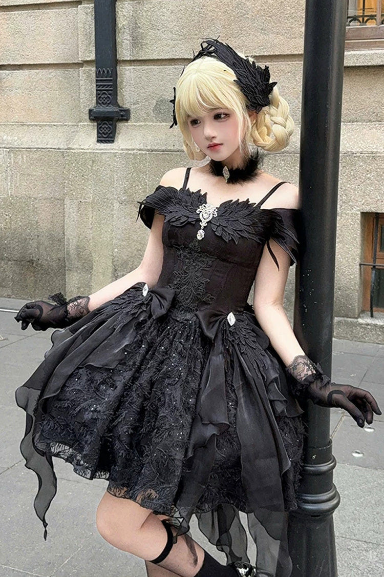 Black [Feathers Floating In The Air] Square Collar Flutter Sleeves Embroidered Bow Lace Gothic Lolita Jsk Dress - Product - 5