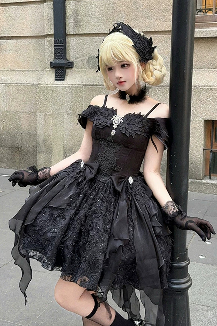 Black [Feathers Floating In The Air] Square Collar Flutter Sleeves Embroidered Bow Lace Gothic Lolita Jsk Dress - Product - 5