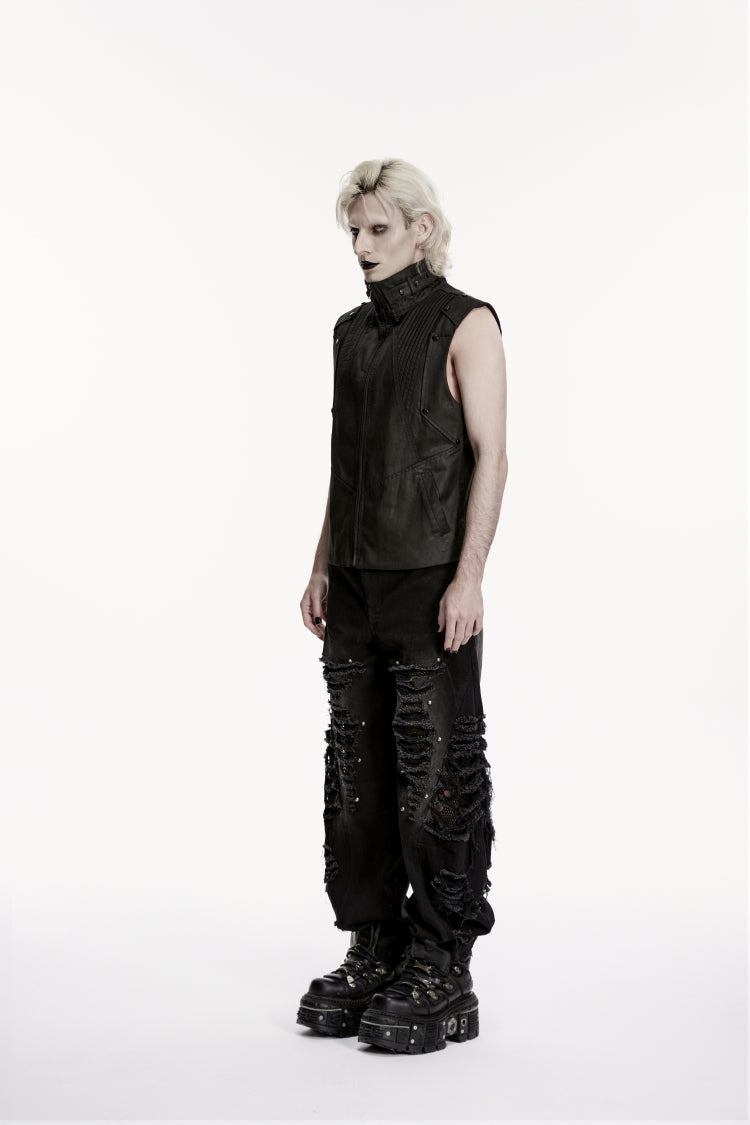 Black Irregular Mesh Ripped Studded Zippered Eyelet Men's Punk Handsome Cool Pants - Product - 3
