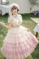 Pink [Sincere Vow] Edwardian Collar Short Sleeves Ombre Multi-Layered Ruffled Embroidered Sweet Lolita Dress - Product - 4