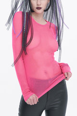 Red Elasticity High Neck Long Sleeve Mesh Women's Gothic T-Shirt - Red - 1