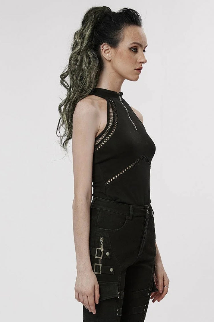 Black Off Shoulder Hollow Stitching Slim Mesh Womens Steampunk Vest - Product - 2